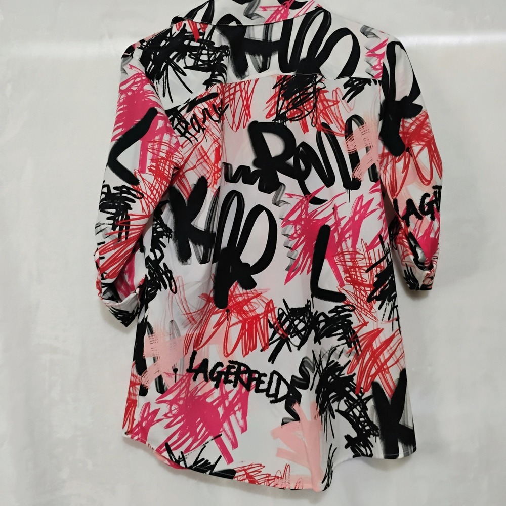 Karl Lagerfeld Paris Small Graffiti Print Roll Tab Sleeve Blouse Pink Black W - Picture 3 of 7